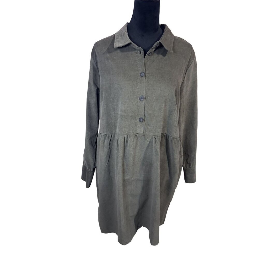 Nine West Empire Waist Olive Green Corduroy Babydoll Shirt Dress - Picture 7 of 14